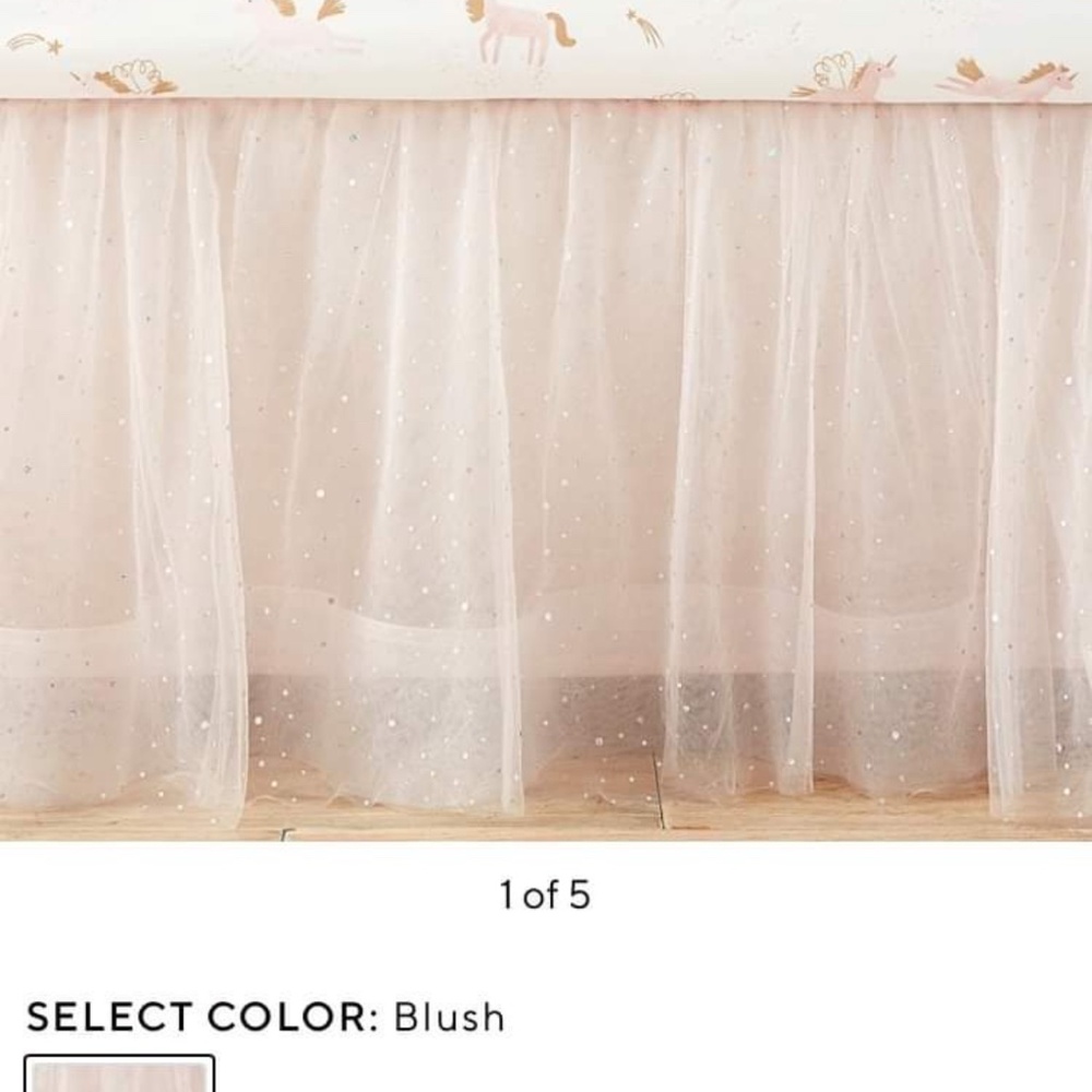 Pottery Barn Kids Shimmer Tulle Crib Skirt, West Elm Geometric crib Sheet